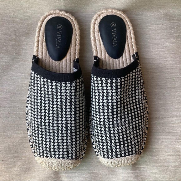 VIVAIA Sz 37 Sherly Slip On Mini Houndstooth Espadrille Soles Clogs Mules - Picture 2 of 10